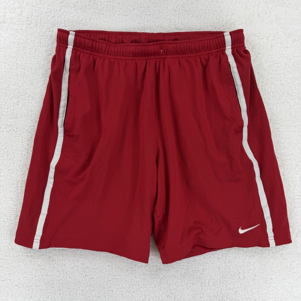 Nike Shorts Mens Large Red Mesh 8 Inseam Basketball Athletic Striped Lined Gym